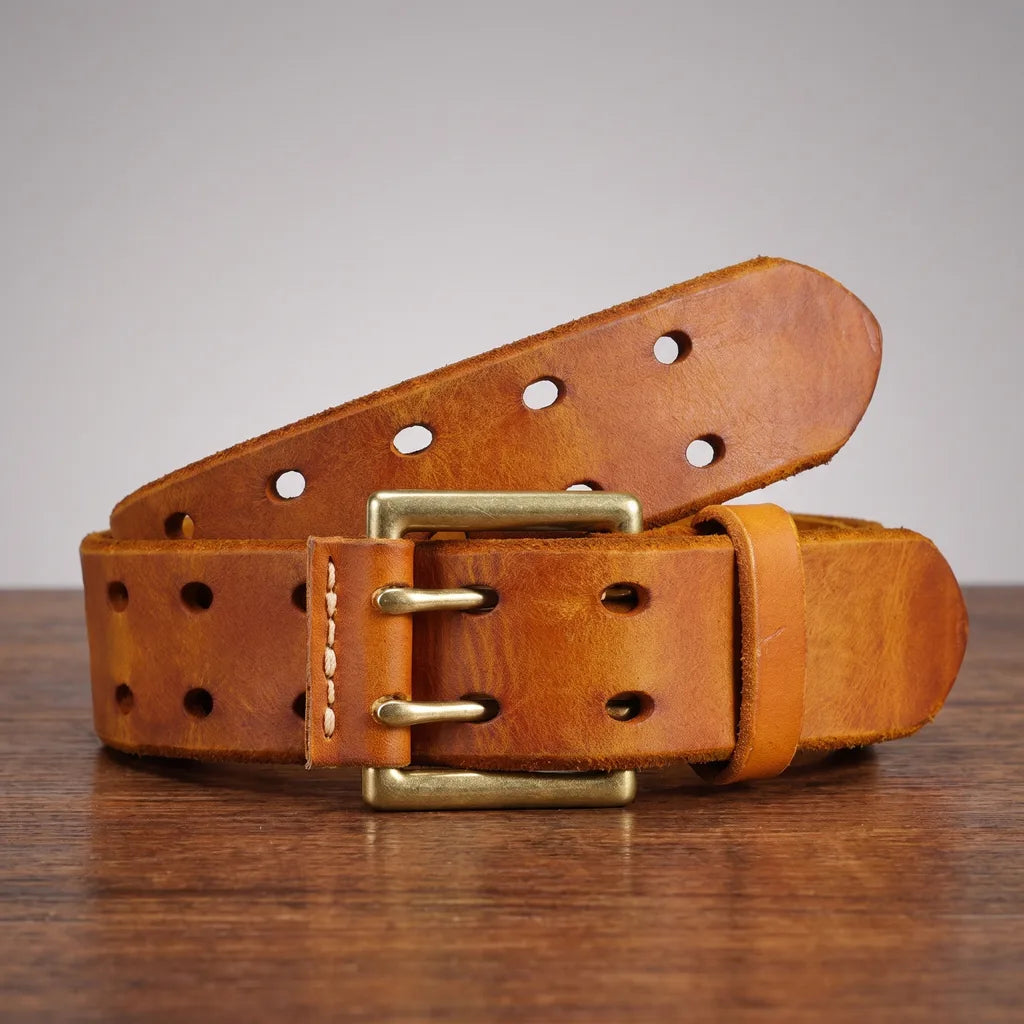 Men's Leather Double Buckle Belt - Twin Hole Work Casual Jean