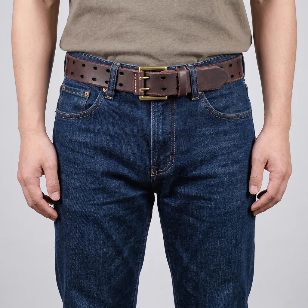 Men's Leather Double Buckle Belt - Twin Hole Work Casual Jean