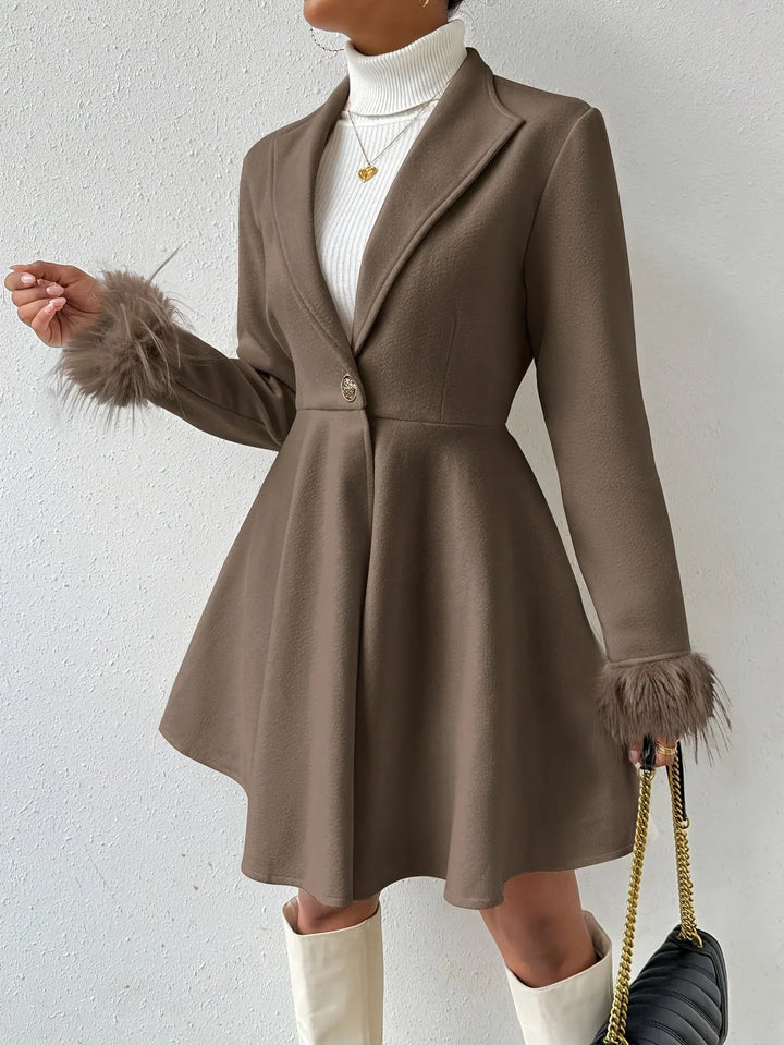 Winter A-Line Coat Women Faux Fur Cuffs Notch Lapel Swing Coat