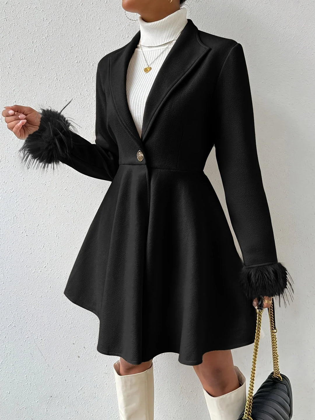 Winter A-Line Coat Women Faux Fur Cuffs Notch Lapel Swing Coat