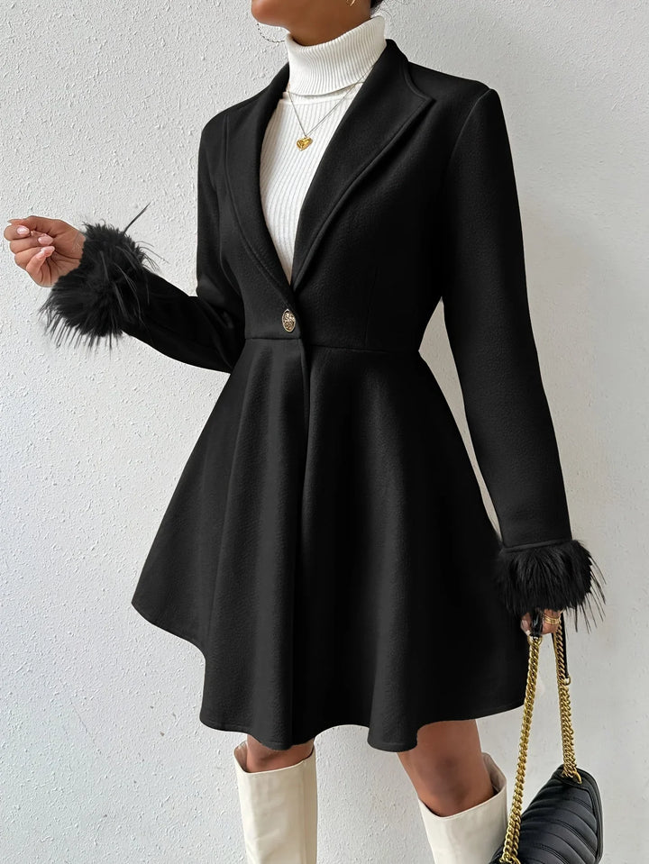 Winter A-Line Coat Women Faux Fur Cuffs Notch Lapel Swing Coat
