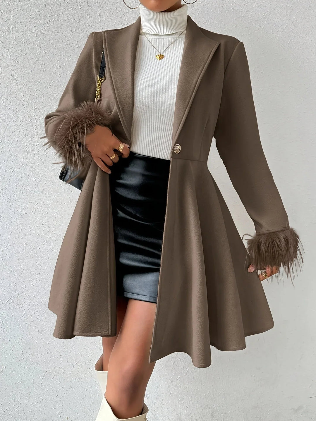Winter A-Line Coat Women Faux Fur Cuffs Notch Lapel Swing Coat