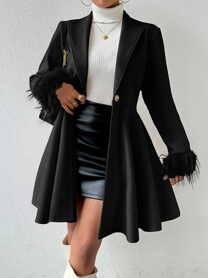 Winter A-Line Coat Women Faux Fur Cuffs Notch Lapel Swing Coat