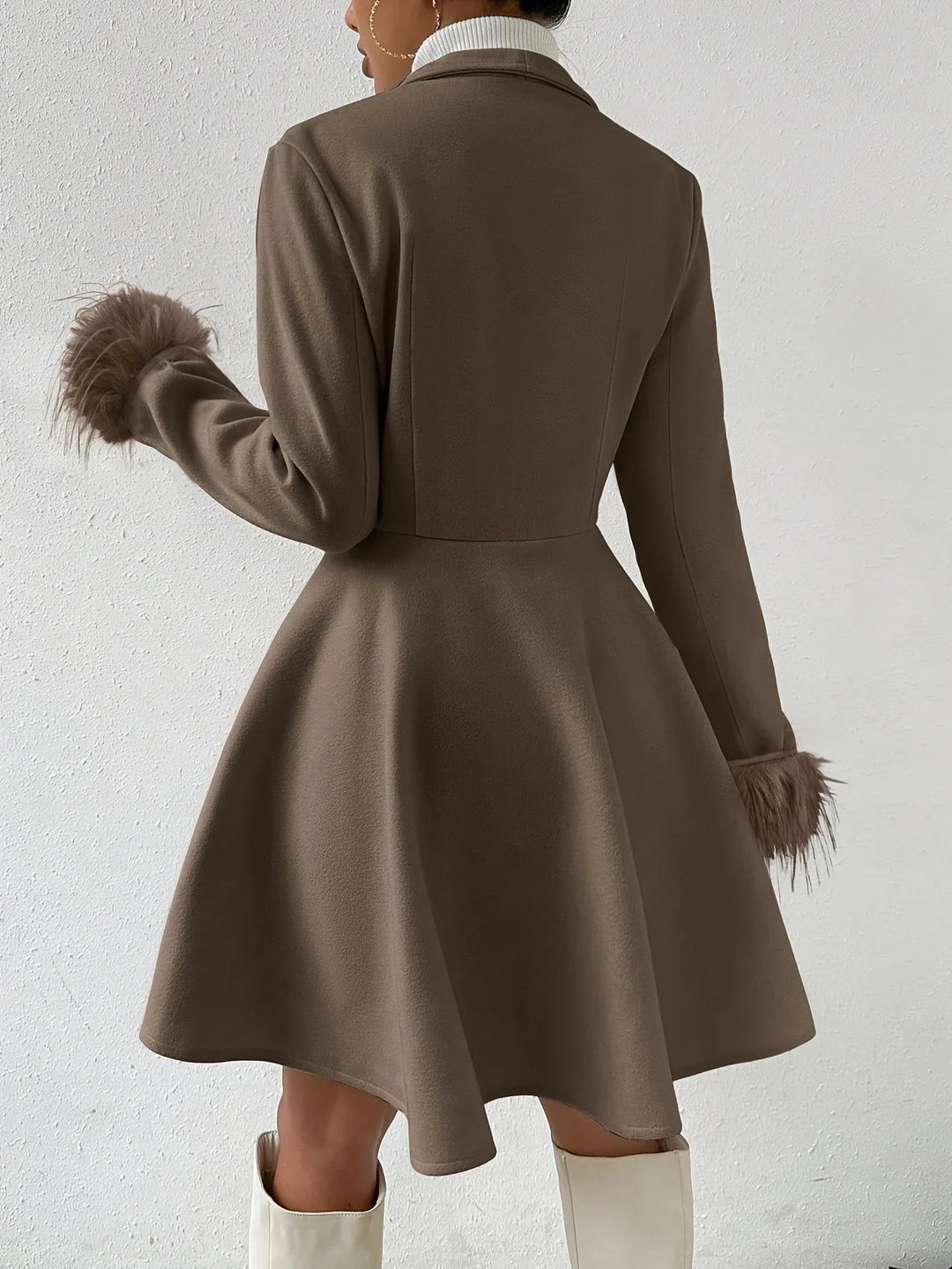 Winter A-Line Coat Women Faux Fur Cuffs Notch Lapel Swing Coat