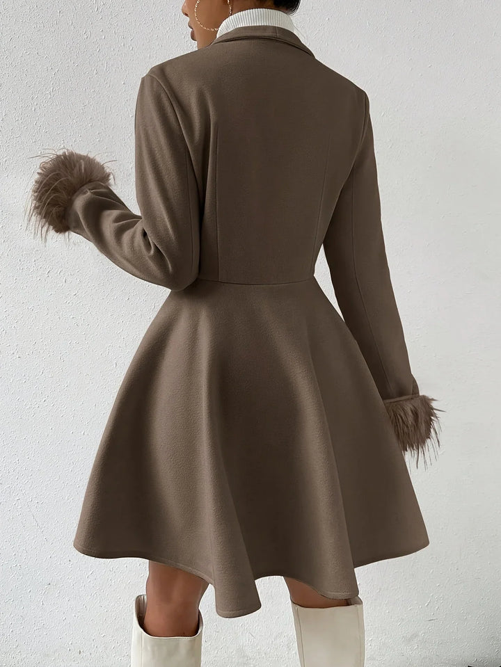 Winter A-Line Coat Women Faux Fur Cuffs Notch Lapel Swing Coat