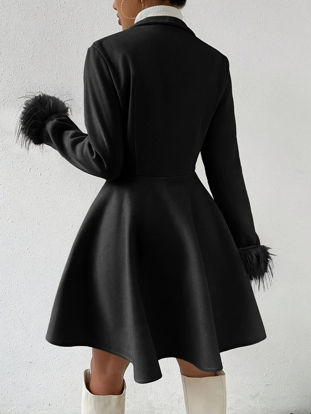 Winter A-Line Coat Women Faux Fur Cuffs Notch Lapel Swing Coat