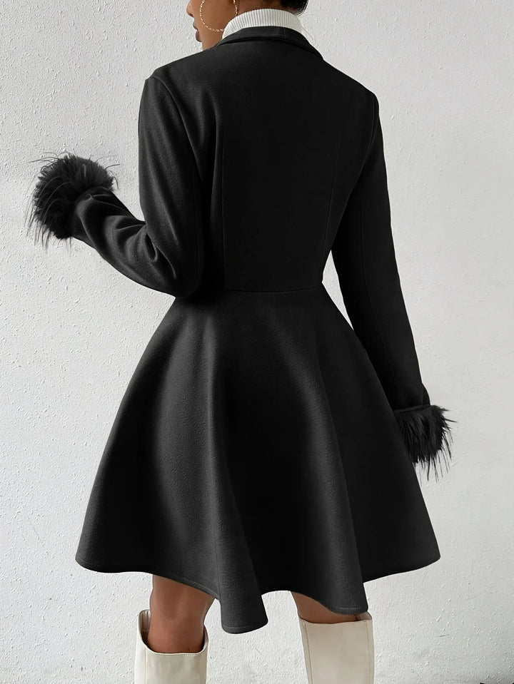 Winter A-Line Coat Women Faux Fur Cuffs Notch Lapel Swing Coat