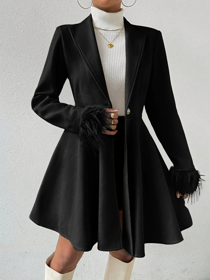 Winter A-Line Coat Women Faux Fur Cuffs Notch Lapel Swing Coat