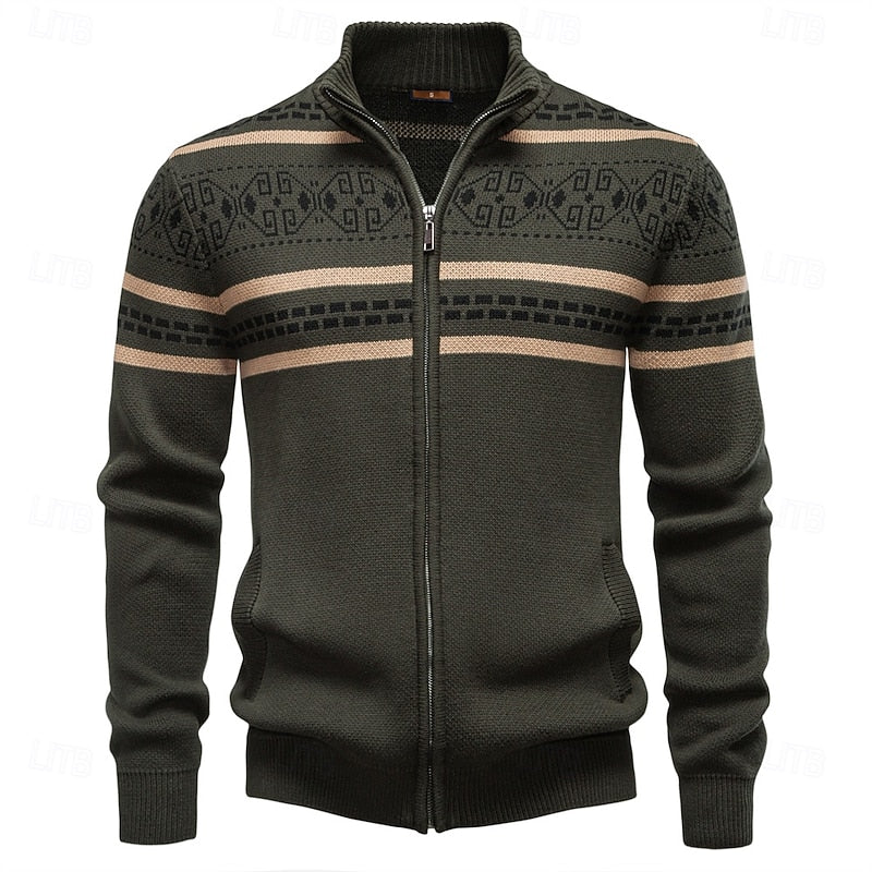 Men's Fair Isle Full-Zip Christmas Cardigan with Stand Collar