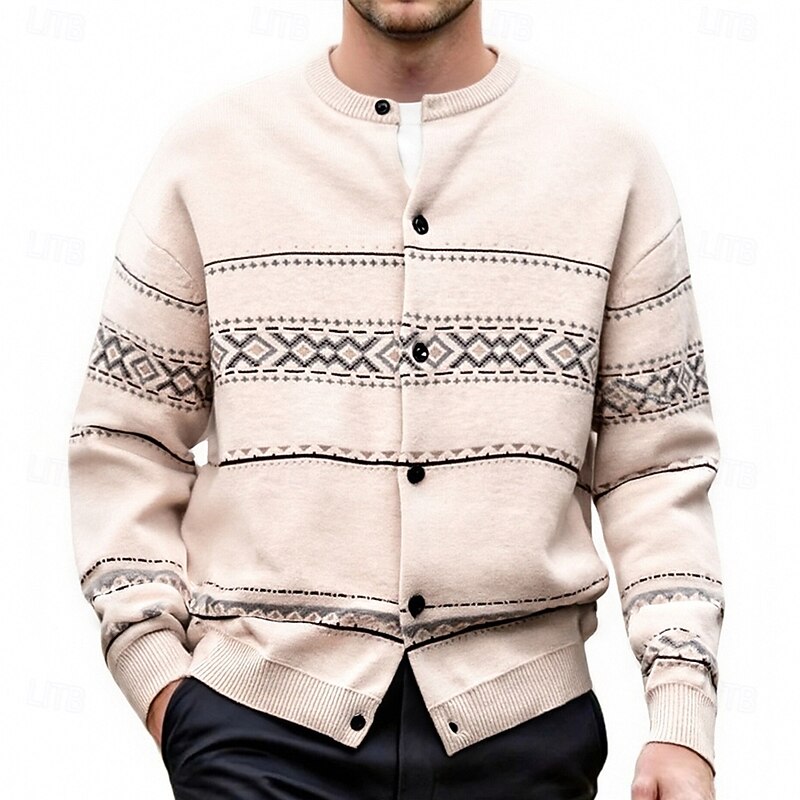Men's Geometric Pattern Button-Down Holiday Knit Cardigan