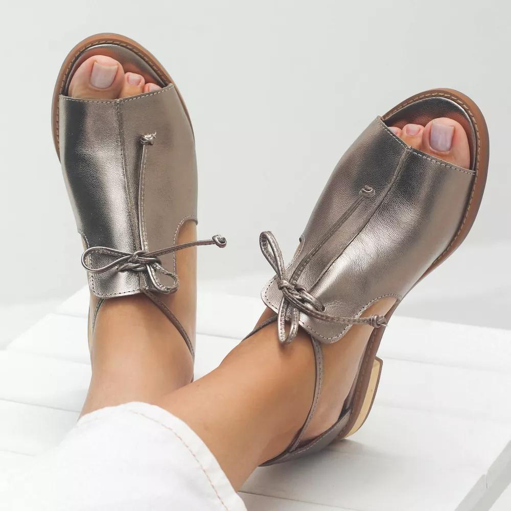 Stella | Women's Metallic Open Toe Sandals Bow Tie Strap Flat
