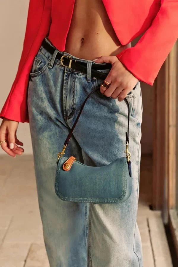 Adel Crescent Bag - Denim & PU Leather Shoulder Bag