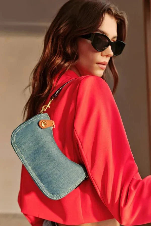 Adel Crescent Bag - Denim & PU Leather Shoulder Bag