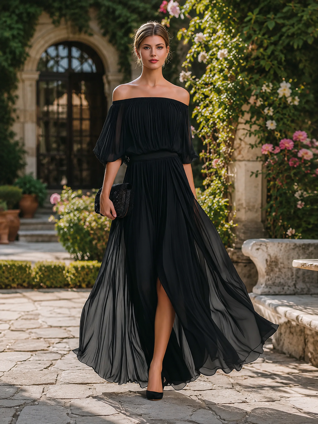 Floriana | Off-Shoulder Pleated Chiffon Maxi Evening Dress
