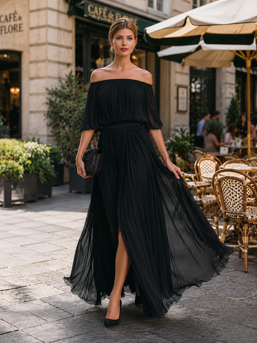Floriana | Off-Shoulder Pleated Chiffon Maxi Evening Dress