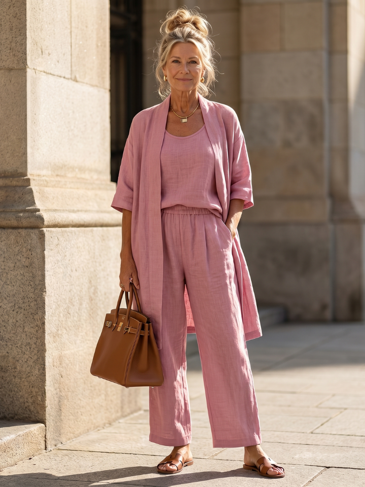 Linnen 3-Delige Set Dames Mouwloos Top Wijde Broek Cardigan