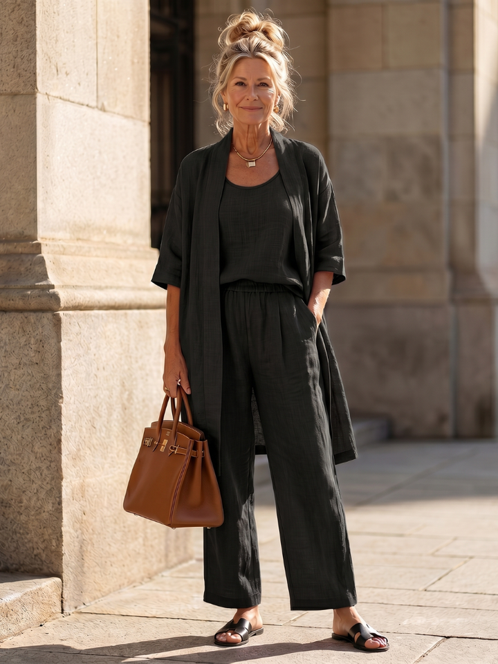 Linnen 3-Delige Set Dames Mouwloos Top Wijde Broek Cardigan