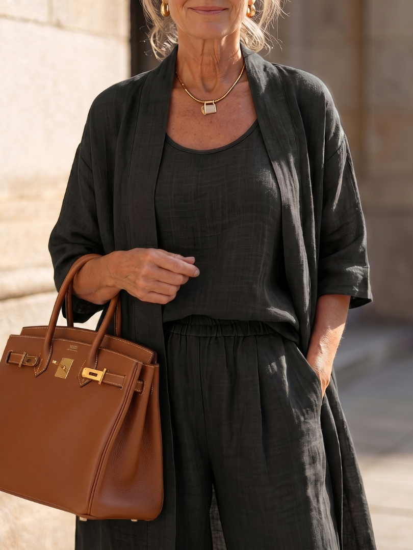 Linnen 3-Delige Set Dames Mouwloos Top Wijde Broek Cardigan