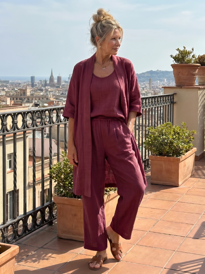 Linnen 3-Delige Set Dames Mouwloos Top Wijde Broek Cardigan