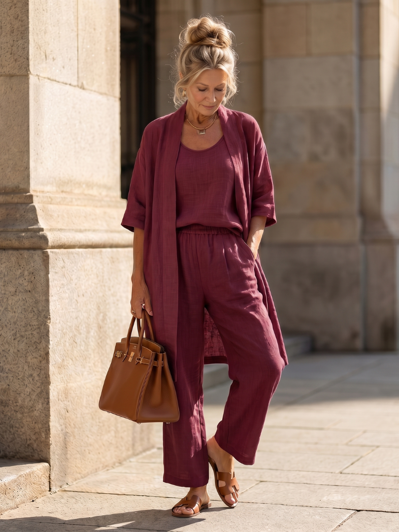Linnen 3-Delige Set Dames Mouwloos Top Wijde Broek Cardigan