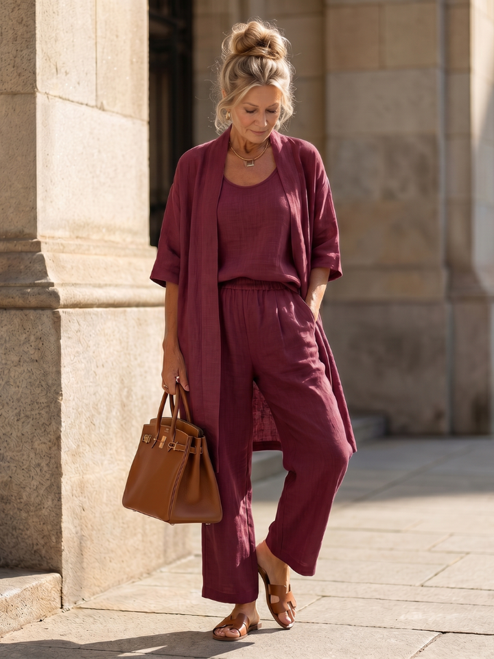 Linnen 3-Delige Set Dames Mouwloos Top Wijde Broek Cardigan
