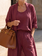 Linnen 3-Delige Set Dames Mouwloos Top Wijde Broek Cardigan