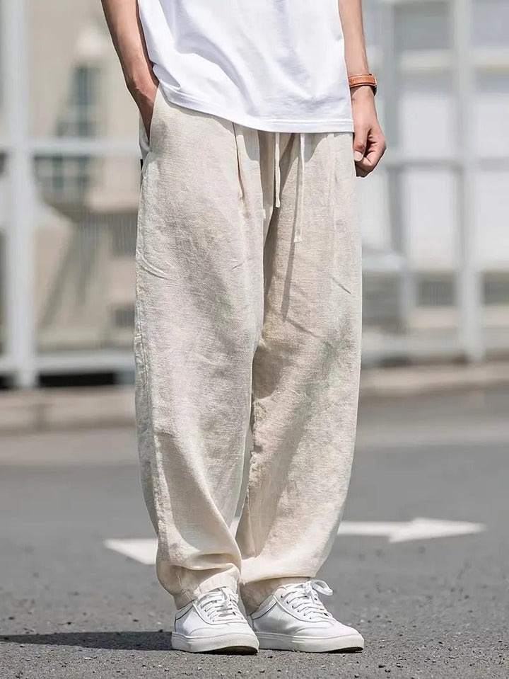 Men's White Linen Trousers - Casual Wide-Leg Summer Pants
