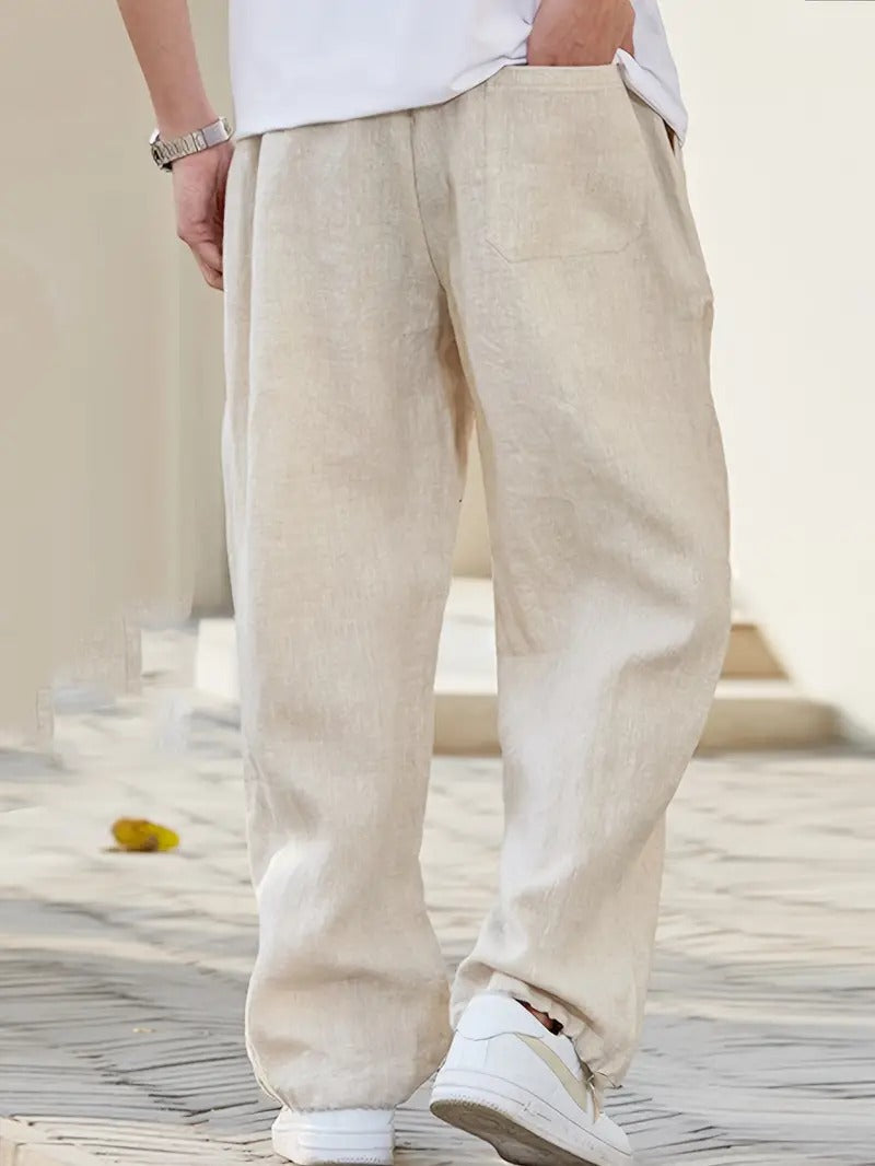 Men's White Linen Trousers - Casual Wide-Leg Summer Pants