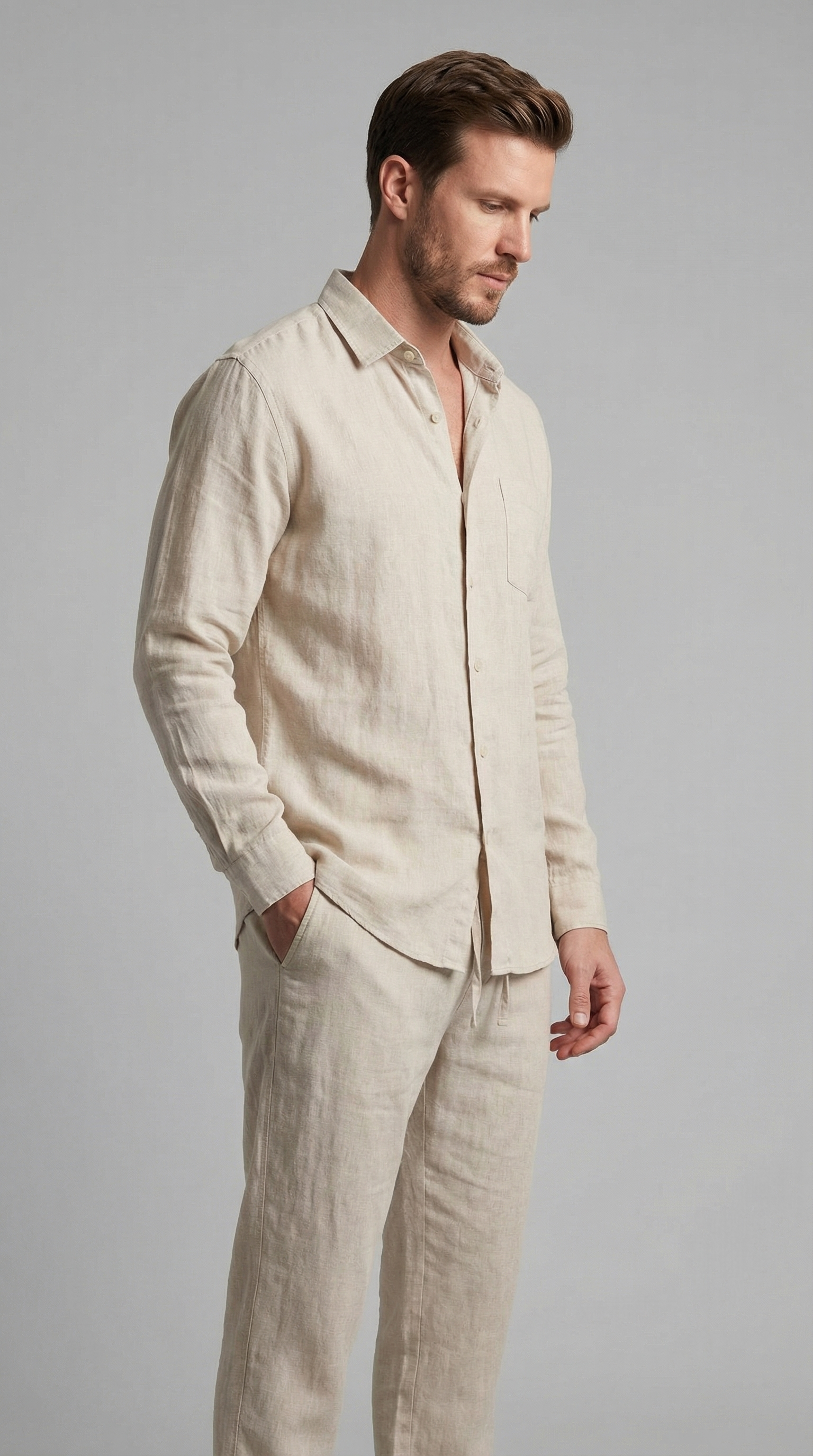 Linnen Co-Ord Set Heren Lange Mouwen Casual