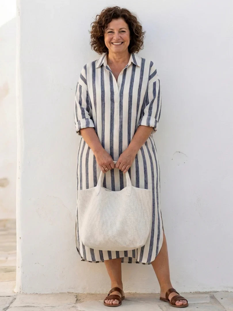 Linnen Maxi Jurk Dames Relaxed Fit Kraag Knoopsluiting