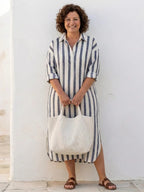 Linnen Maxi Jurk Dames Relaxed Fit Kraag Knoopsluiting