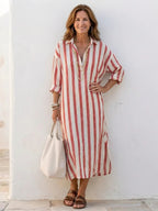 Linnen Maxi Jurk Dames Relaxed Fit Kraag Knoopsluiting