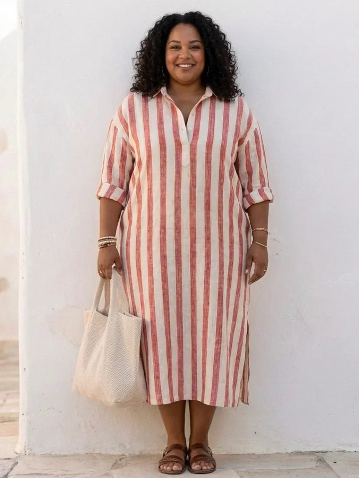 Linnen Maxi Jurk Dames Relaxed Fit Kraag Knoopsluiting