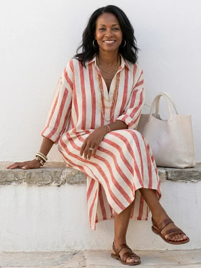 Linnen Maxi Jurk Dames Relaxed Fit Kraag Knoopsluiting