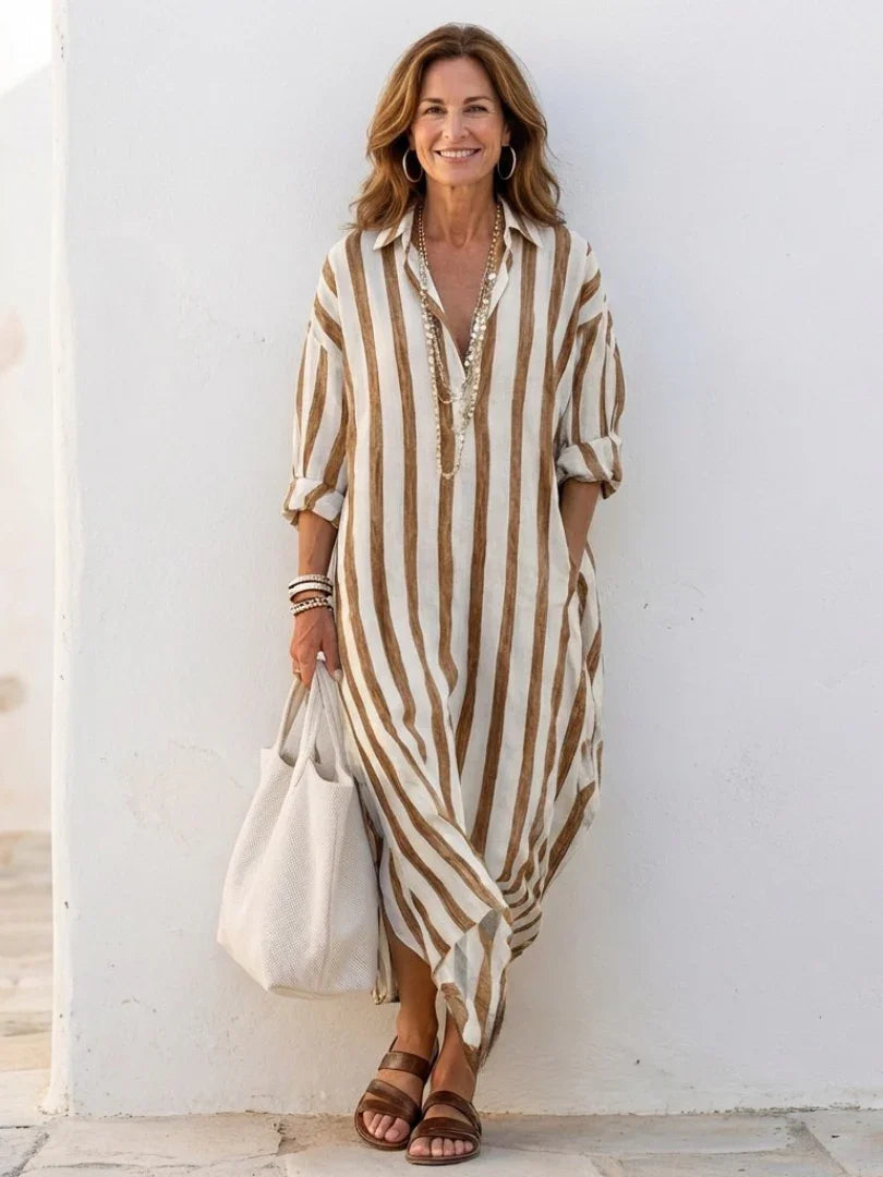 Linnen Maxi Jurk Dames Relaxed Fit Kraag Knoopsluiting