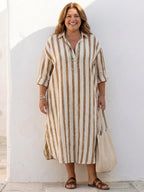 Linnen Maxi Jurk Dames Relaxed Fit Kraag Knoopsluiting