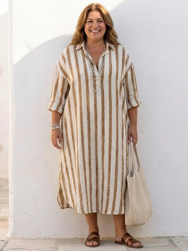 Linnen Maxi Jurk Dames Relaxed Fit Kraag Knoopsluiting