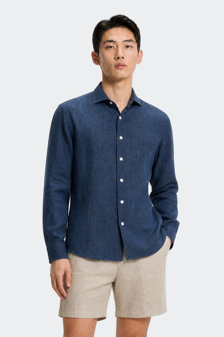 Linen Shirt Men Relaxed Fit Spread Collar