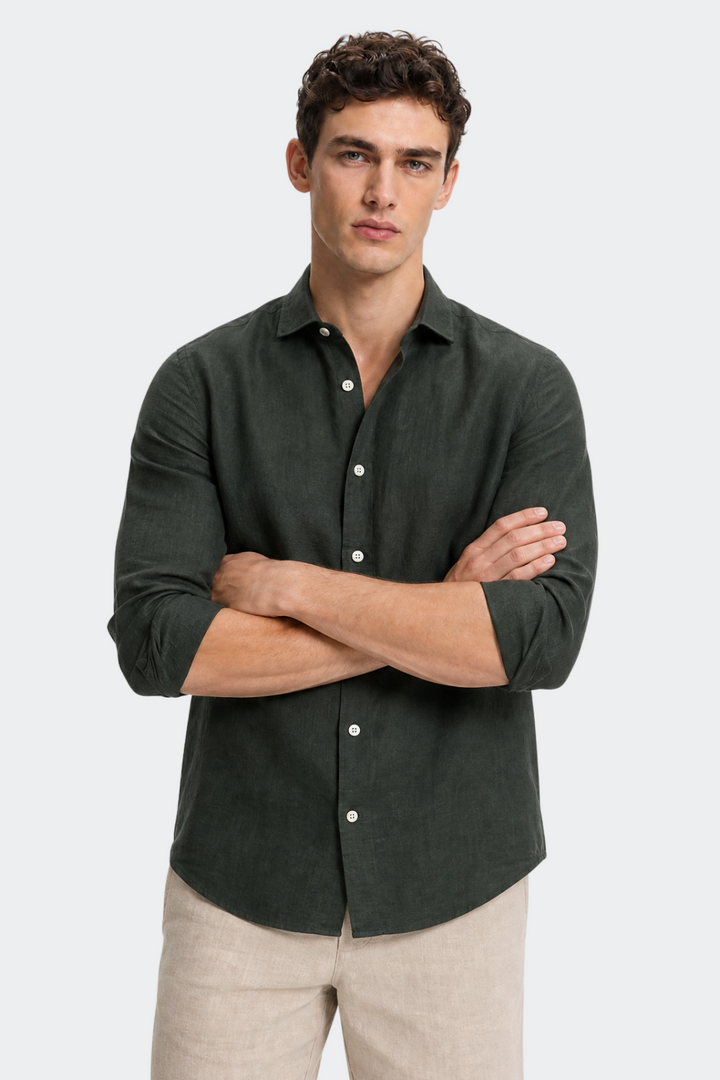 Linen Shirt Men Relaxed Fit Spread Collar