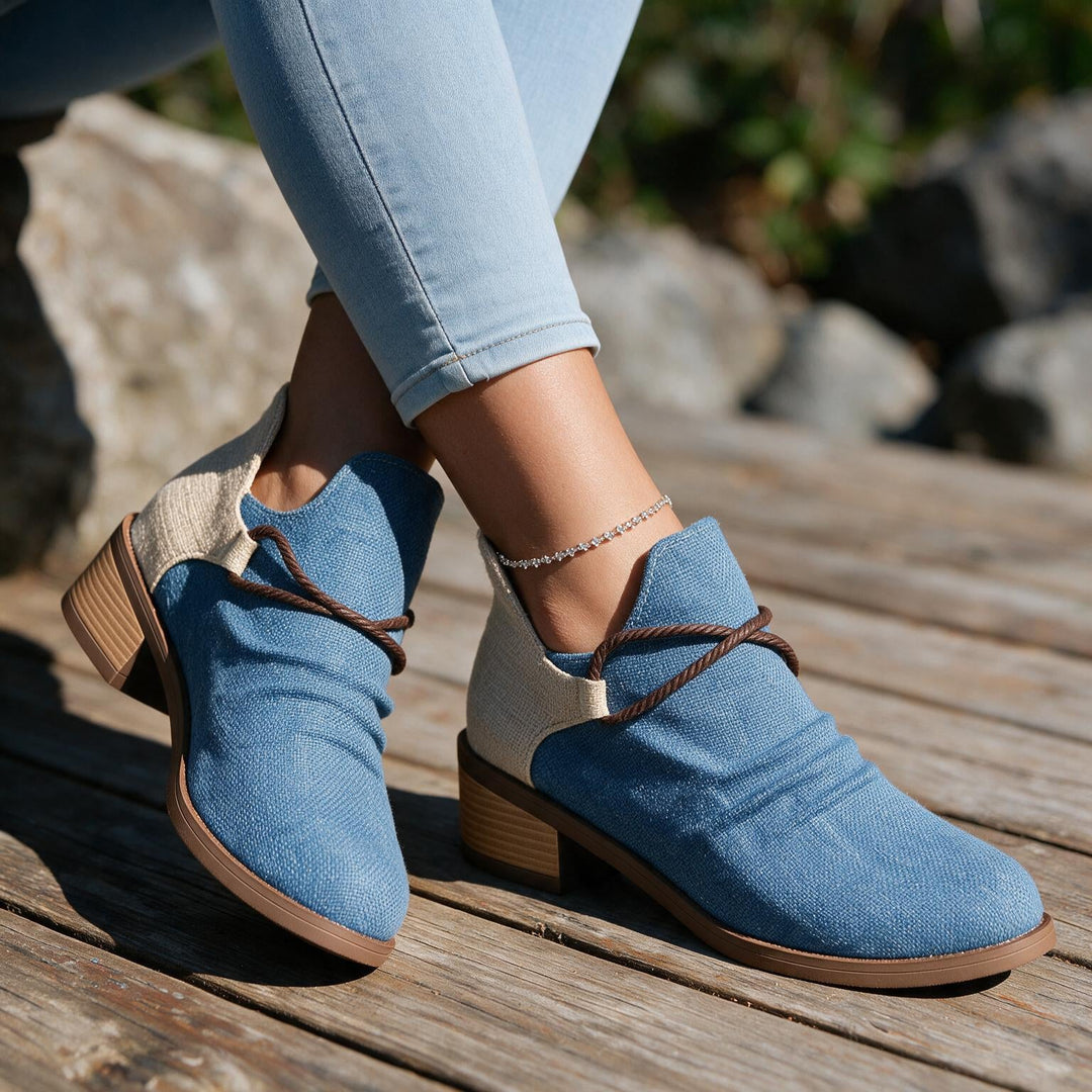 Women's Fall Ankle Boots - Textured Canvas Contrast Low Heel