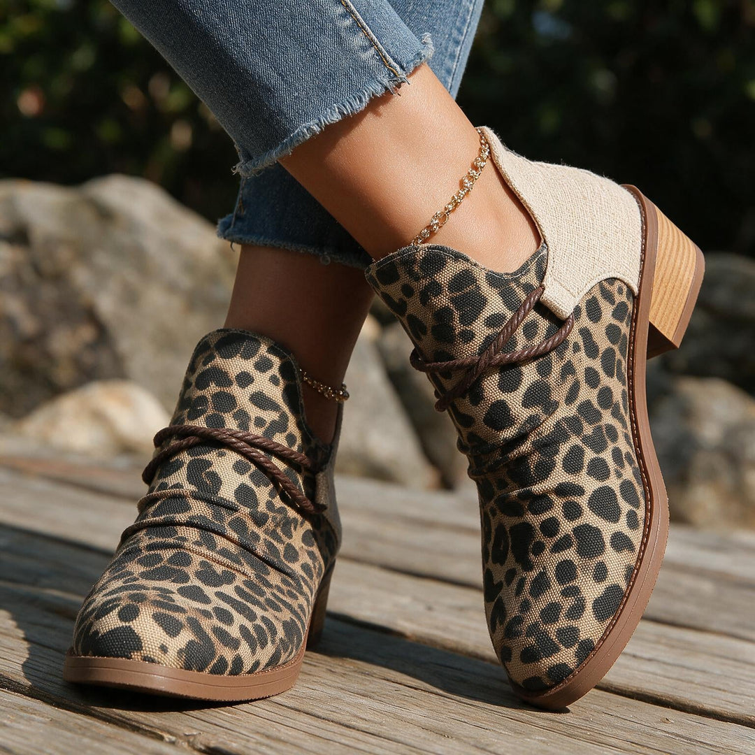 Women's Fall Ankle Boots - Textured Canvas Contrast Low Heel