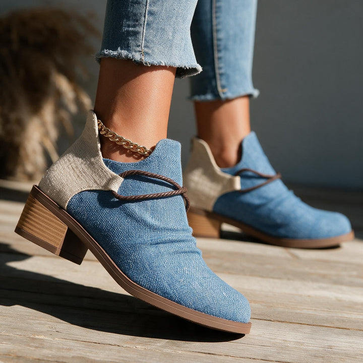 Women's Fall Ankle Boots - Textured Canvas Contrast Low Heel