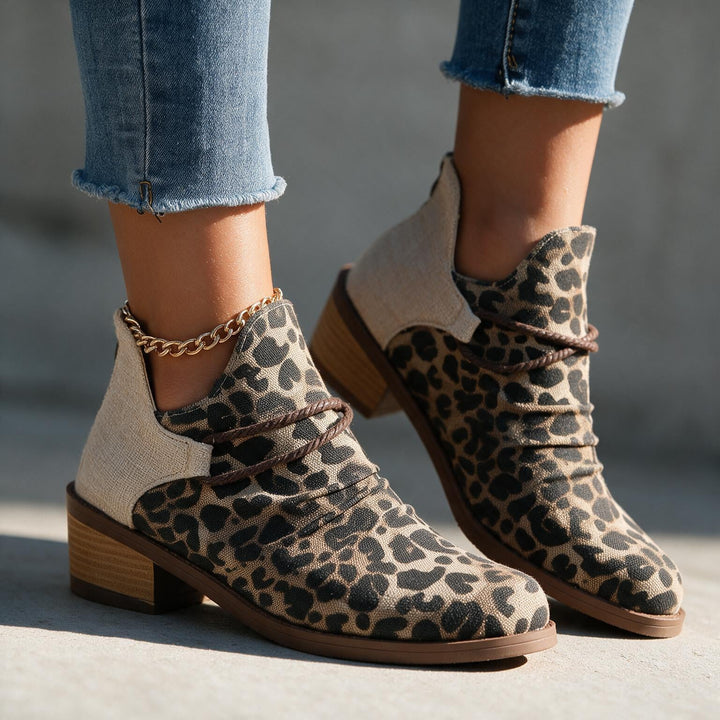 Women's Fall Ankle Boots - Textured Canvas Contrast Low Heel