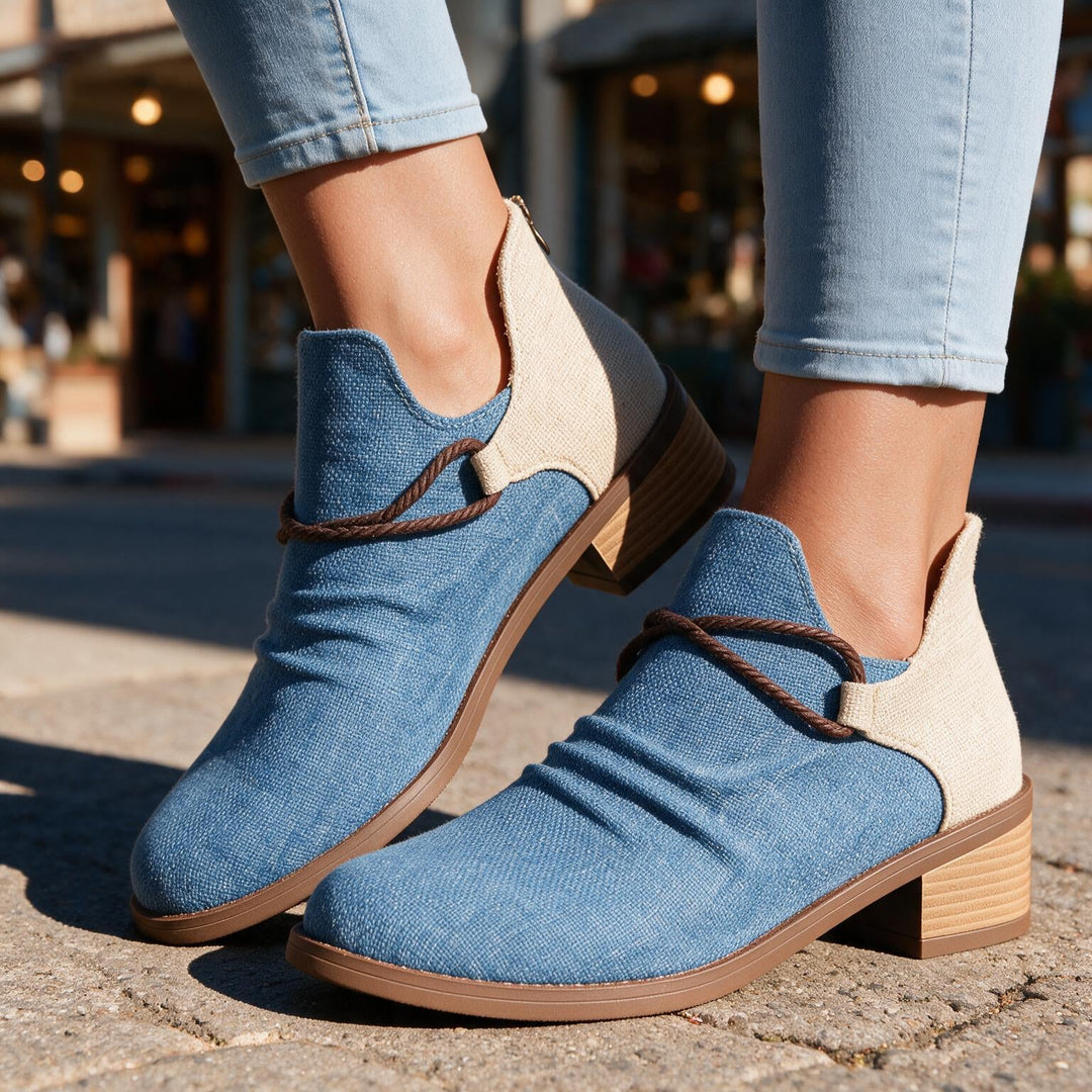 Women's Fall Ankle Boots - Textured Canvas Contrast Low Heel