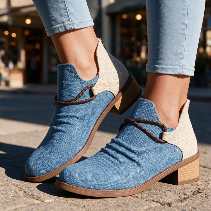 Women's Fall Ankle Boots - Textured Canvas Contrast Low Heel