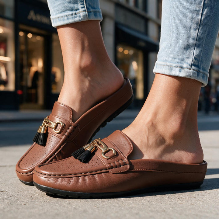 Estella Women's Mule Loafers - Handcrafted Tassel Backless Flat