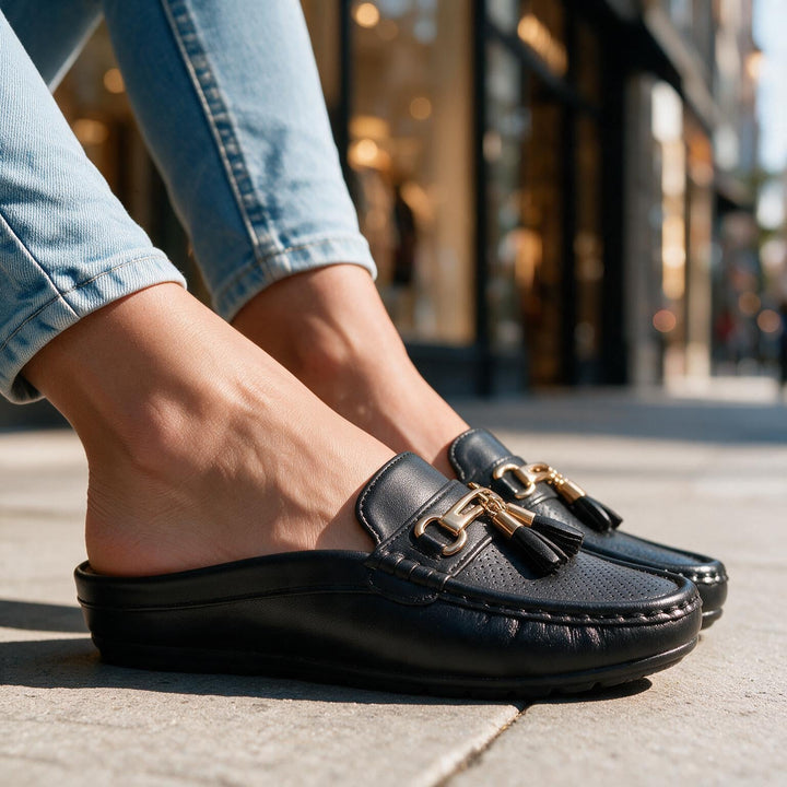 Estella Women's Mule Loafers - Handcrafted Tassel Backless Flat