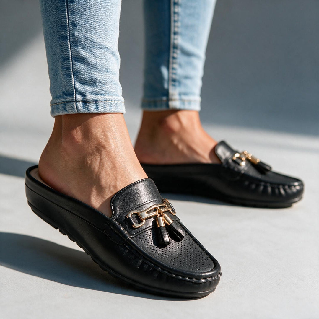 Estella Women's Mule Loafers - Handcrafted Tassel Backless Flat
