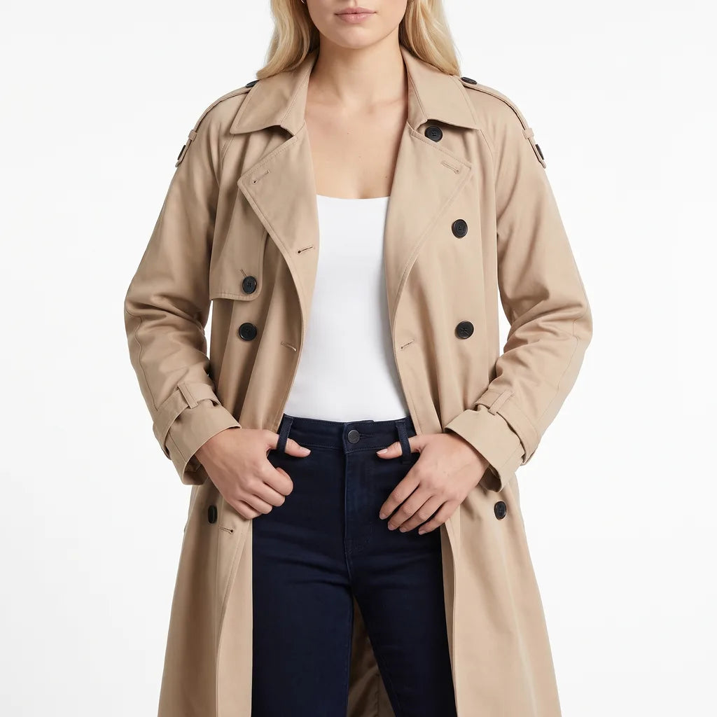 Women's Oversized Belted Trench Coat - Long Double-Row Duster