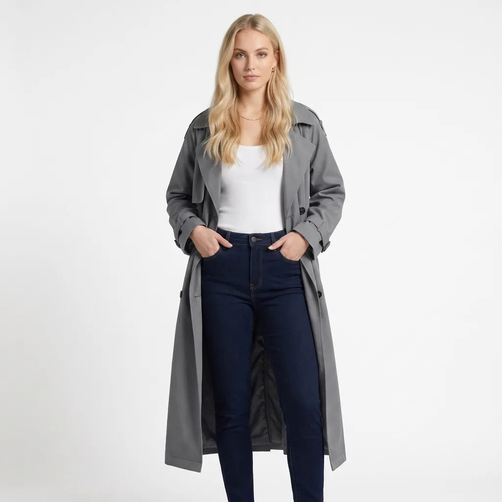 Women's Oversized Belted Trench Coat - Long Double-Row Duster